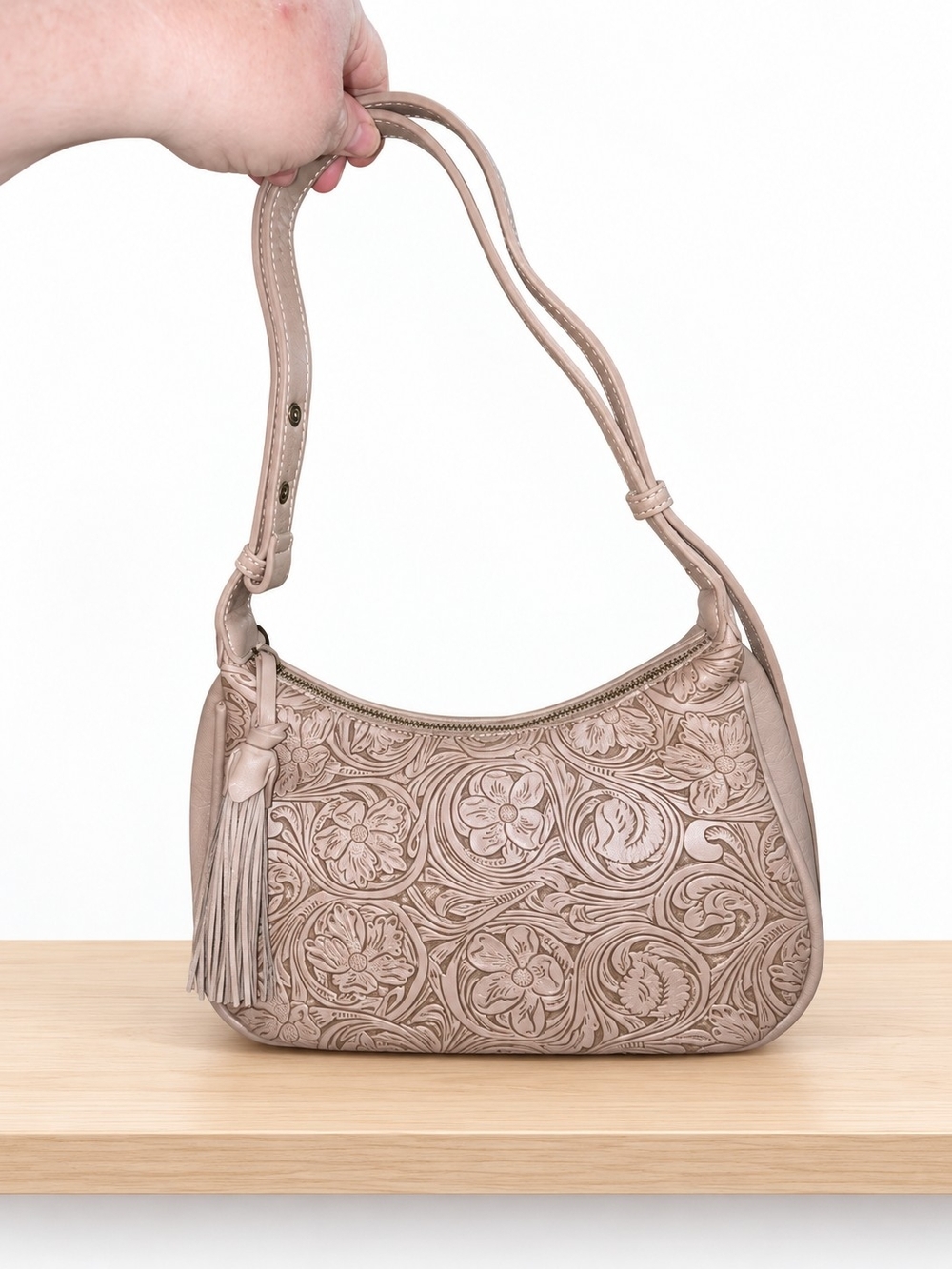 Women's Embossed Floral Faux Leather Shoulder Bag in Taupe